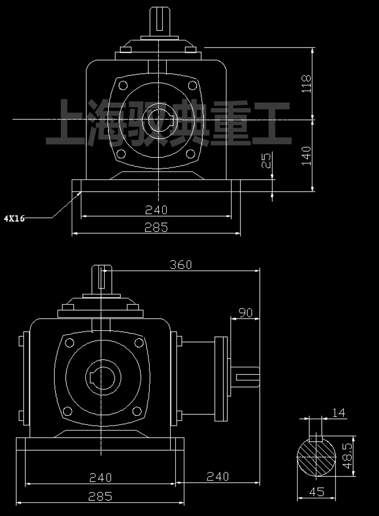 螺旋锥齿轮转向箱T10-1-U换向器安装CAD外型图纸