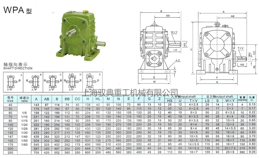 WPA135/147/155/175/200/250减速机尺寸大全