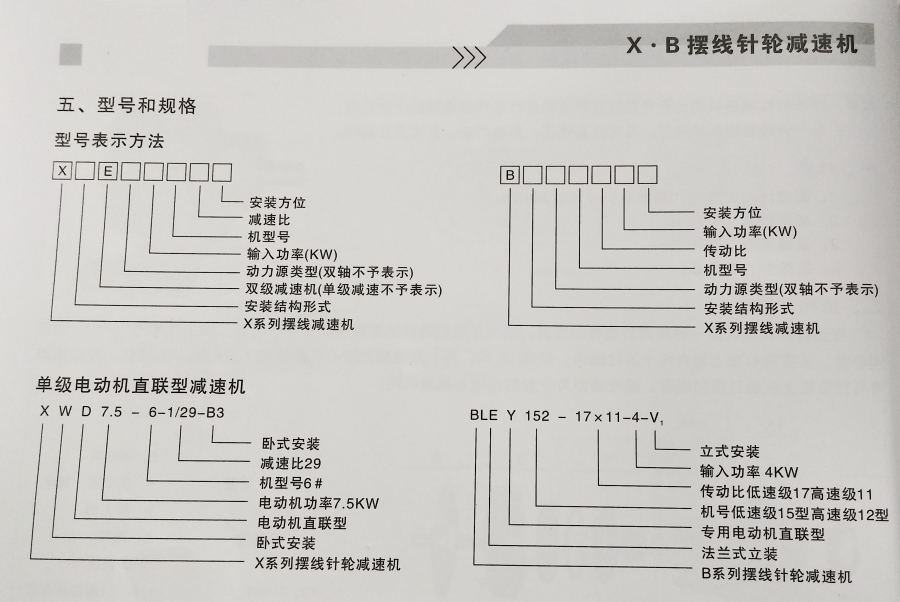 XB系列摆线针轮减速机型号表示方法